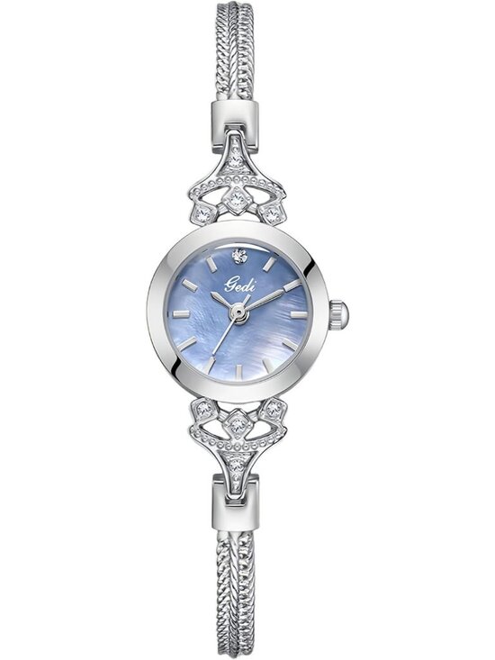 Accessories - Women's Silver Blue Elegant Steel Mesh Strap  Rhinestone Pearl Dial Quartz Watch